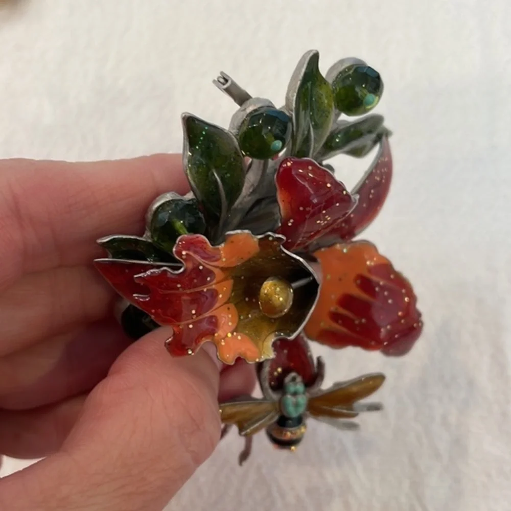 Vintage 3d glitter iris bumble bee colorful metal brooch